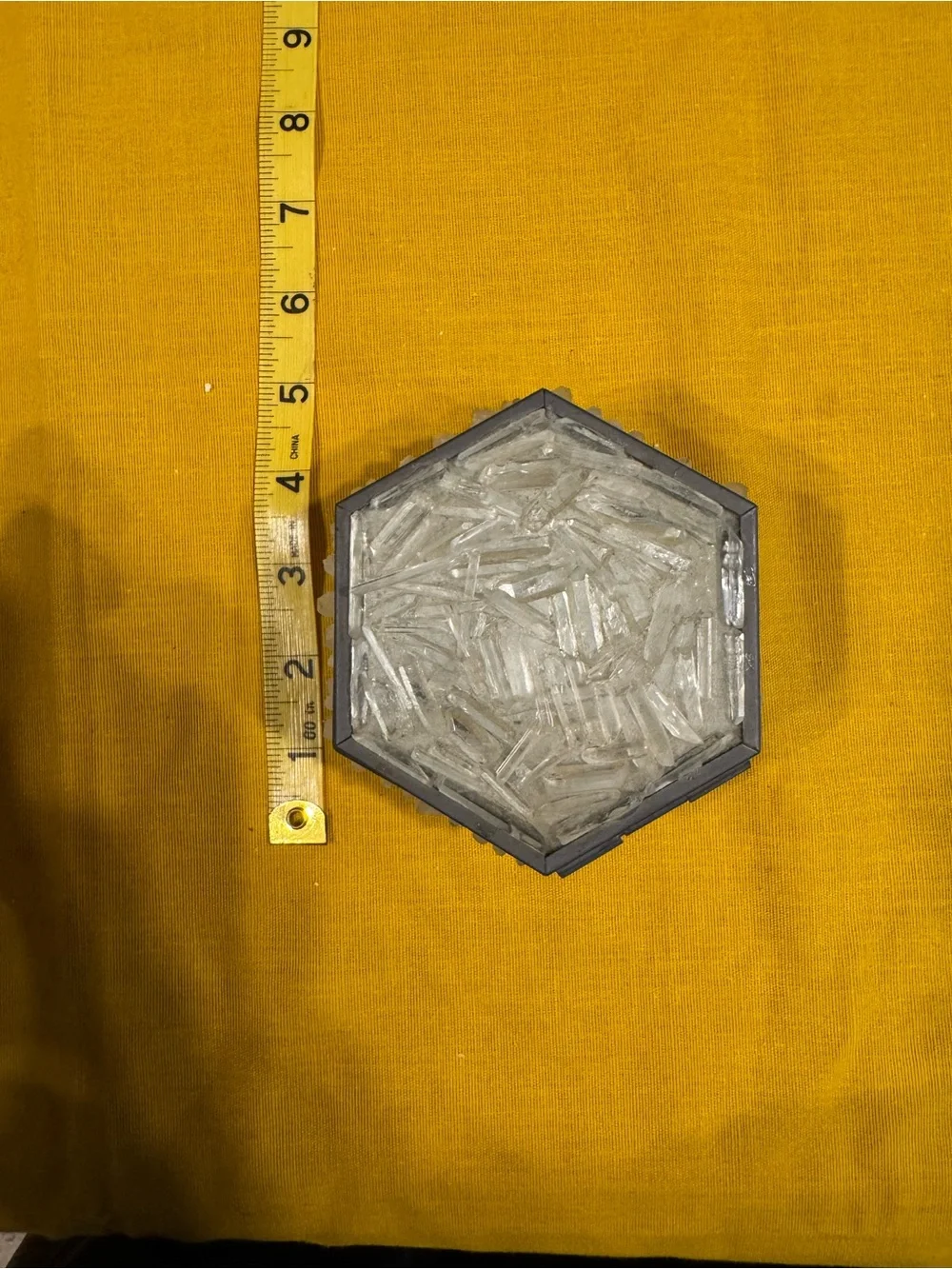 Vintage Hexagonal Raw Clear Quartz Crystal Mirror Trinket Box